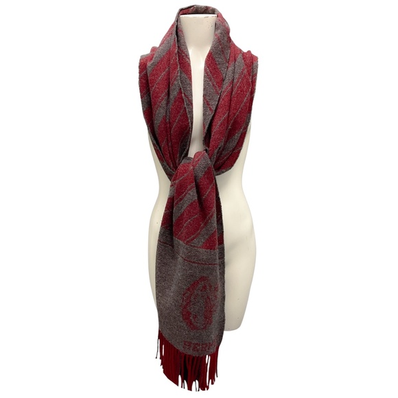 HERMES VINTAGE CHARCOAL GREY / MAROON FRINGED WOOL AND CASHMERE SCARF - Picture 1 of 10